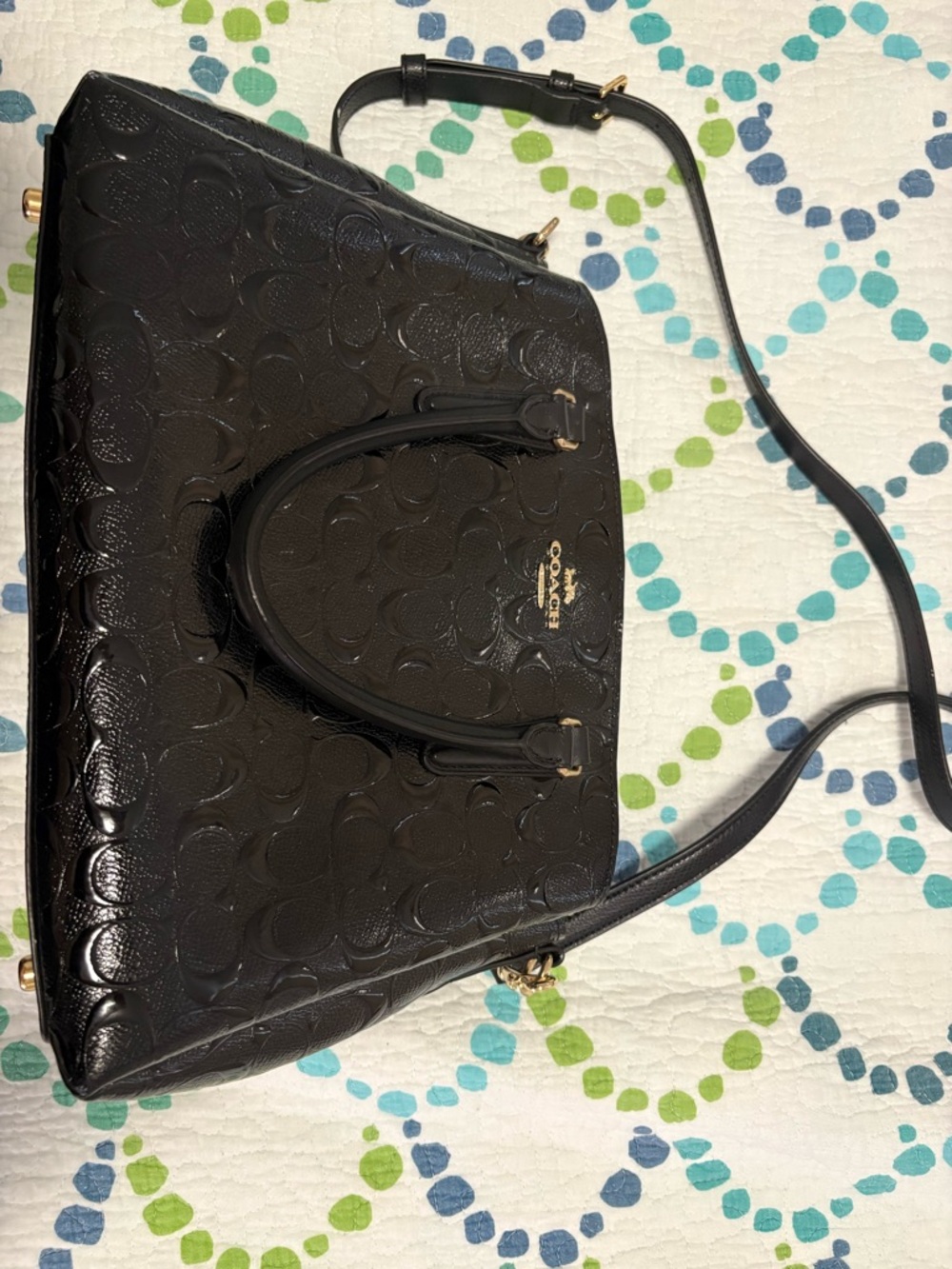 Coach Black Embossed Leather Satchel with Gold Hardware